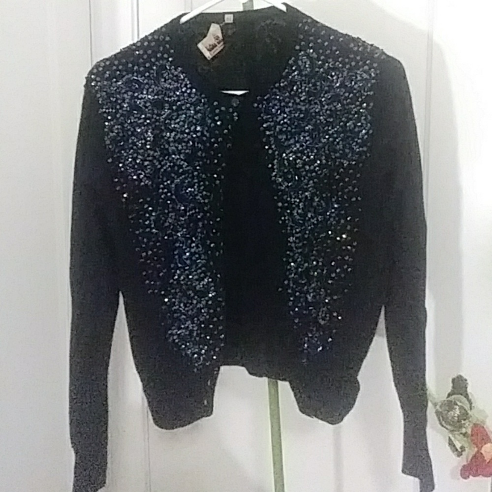 Vintage Black Wool Beaded Cardigan